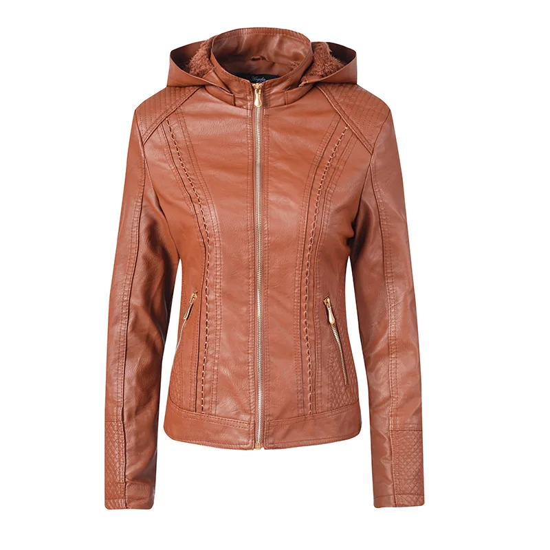 Aimsnug однотонная куртка на молнии из искусственной кожи, Женская весенне-осенняя туника, верхняя одежда, женский большой размер, с капюшоном, плюс бархат - Цвет: brown