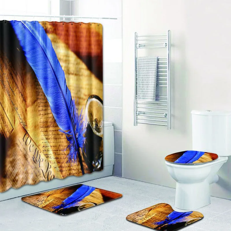 

Vintage Colorful Feather Print Waterproof Bathroom Shower Curtain Polyester Pedestal Rug Lid Toilet Cover Bath Mat Hooks Home