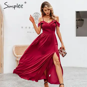 

Simplee Sexy off shoulder maxi dress Elegant v-neck braces long party dress Ladies high waist autumn red evening party dress