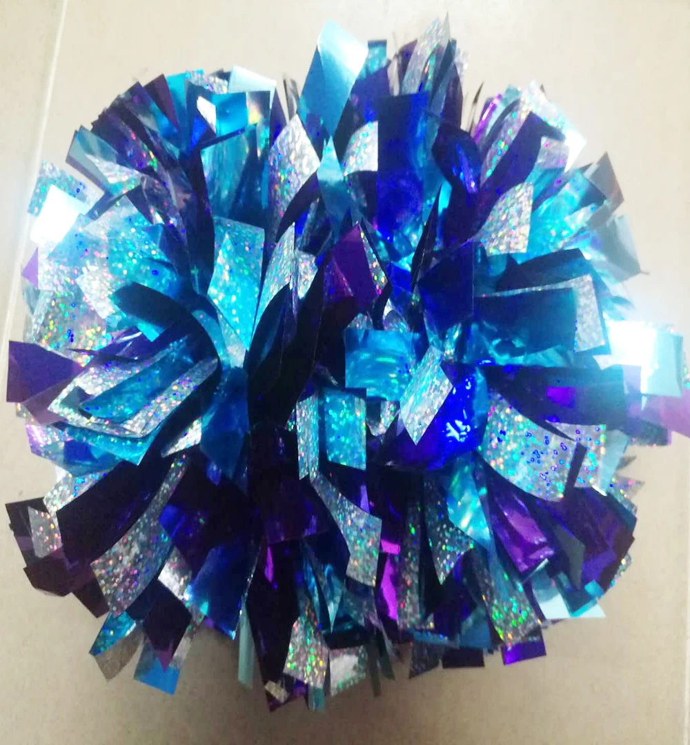 Cheerleader Pom Poms with Holographic Silver, Baton Handle, Metallic Pink, 6 ", 1 Piece