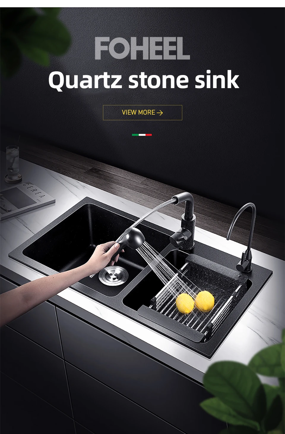 Foheel Quartz Black Kitchen Sink Double Bowl Above Counter Highly