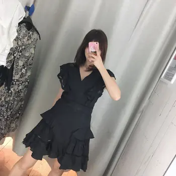 

Women Dress 2020 Spring and Summer New Solid Color Ruffled V-neck Linen Women's Dress Two Color
