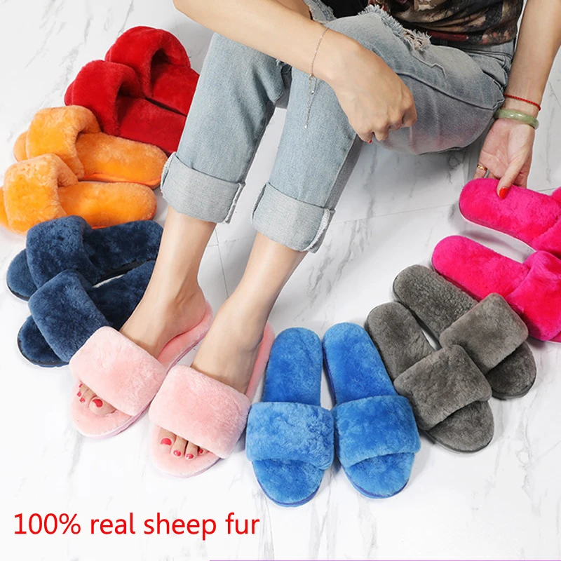 Online Zapatillas de piel de oveja minmchas para mujer, zapatillas de mujer, de moda, de fondo grueso, hogar perezoso, interior, cálido, lana, palabra de arrastre