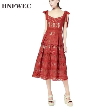 

2020 new summer fashion women square collar sleeveless tie up shoulder high waist A-line hollow out dress U040