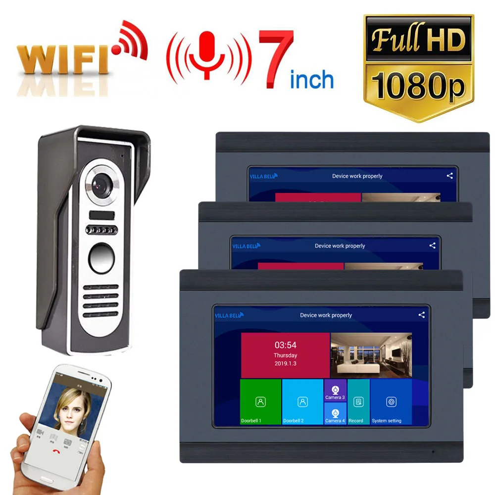 cheap 3 Monitors 7 inch Wired Wifi Video Door Phone Doorbell Intercom Entry System with HD 1080P Wired Camera Night Vision