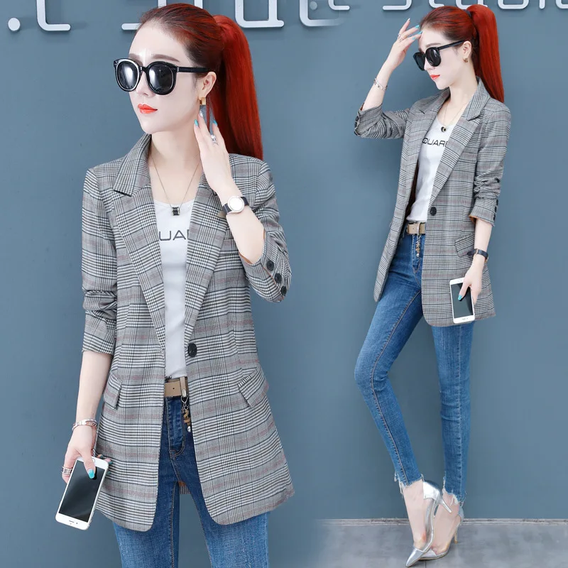 

Plaid Small Suit Coat Women's Korean-style British-Style 2019 Autumn New Style Casual Retro Online Celebrity Suit Spring And Aut