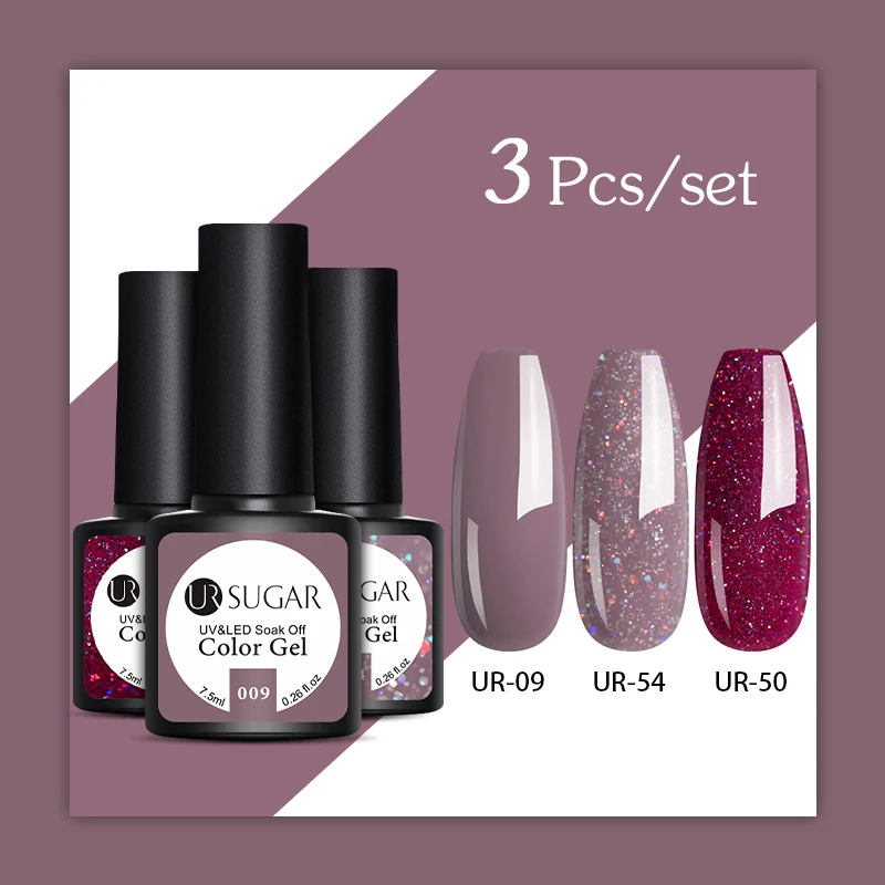 

UR SUGAR 2/3 Pcs Glitter Gel Nail Polish Set Pink Sequins Color Semi Permanent Led Gel varnish Soak Off UV Gel Varnish Nails