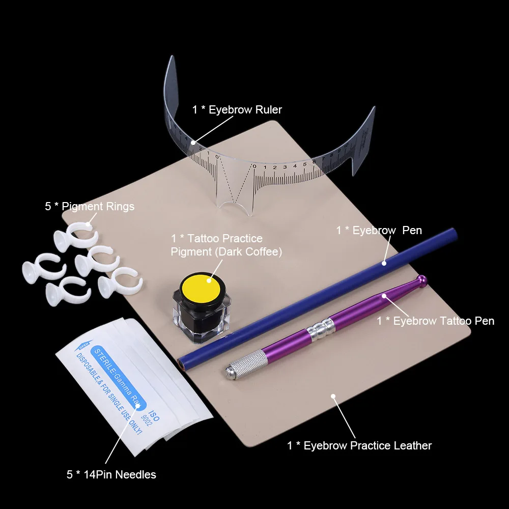 Комплект для микроблейдинга бровей, набор для тату бровей с 5 иглами, линейка для бровей, пигмент для бровей, для практики, кожи, бровей, тату, Перманентный