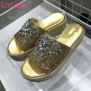

Gold Silver Sequins Bling Hemp Rope Thick Sole Slippers Woman Rhinestone Mules Shoes Ladies Glittering Platform Shoes Woman
