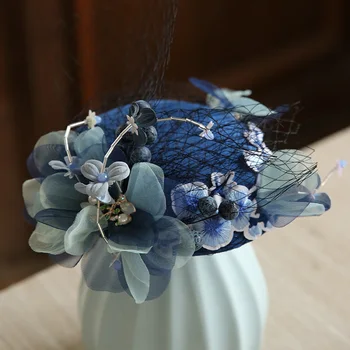 

Mingli Tengda Headwear Bride Blue Gauze Flower Bead Hats Women Elegant Fascinators Wedding Accessories Birdcage Veil Bridal Hat