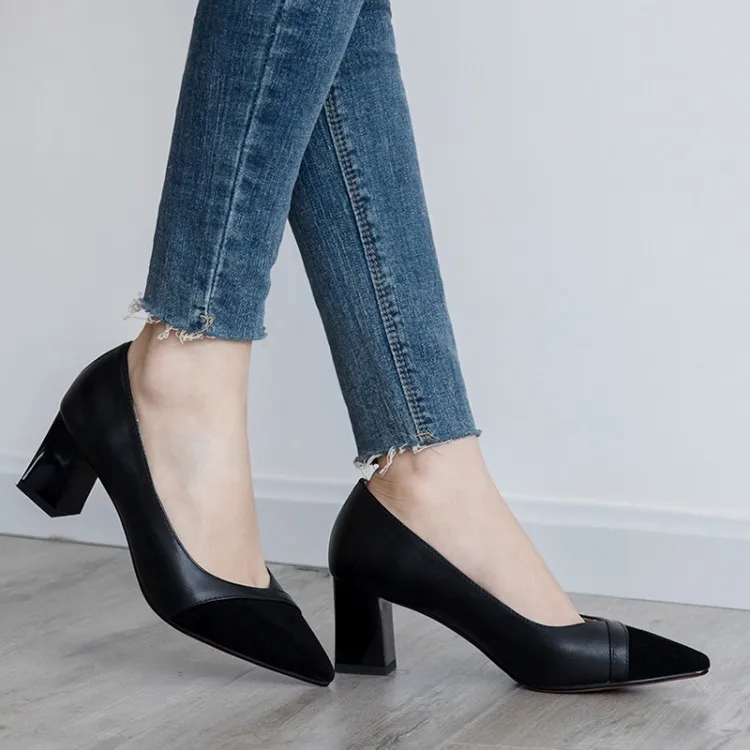 

High Heel Shoes Women's 2019 Spring New Style Korean-style Versatile Pointed Shallow Mouth Shoes Women's Chunky-Heel Grandma WOM