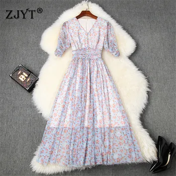 

New Arrival Summer Women 2020 Fashion Clothes Short Sleeve V Neck Floral Print Aline Midi Mesh Dress