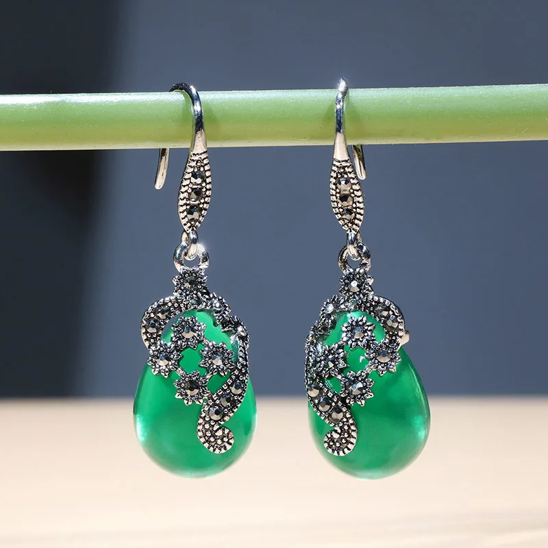 Cellacity Vintage Silver 925 Jewelry Water Drop Shaped Gemstones Earrings for Women Emerald Ruby Ear drops Temperament Party
