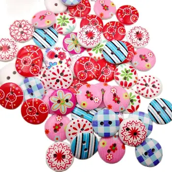 100 PCS 24L Colorful Wooden Button Mixed 2 hole Flower Natural Sewing children Buttons for scrapbooking Clothes Accessories