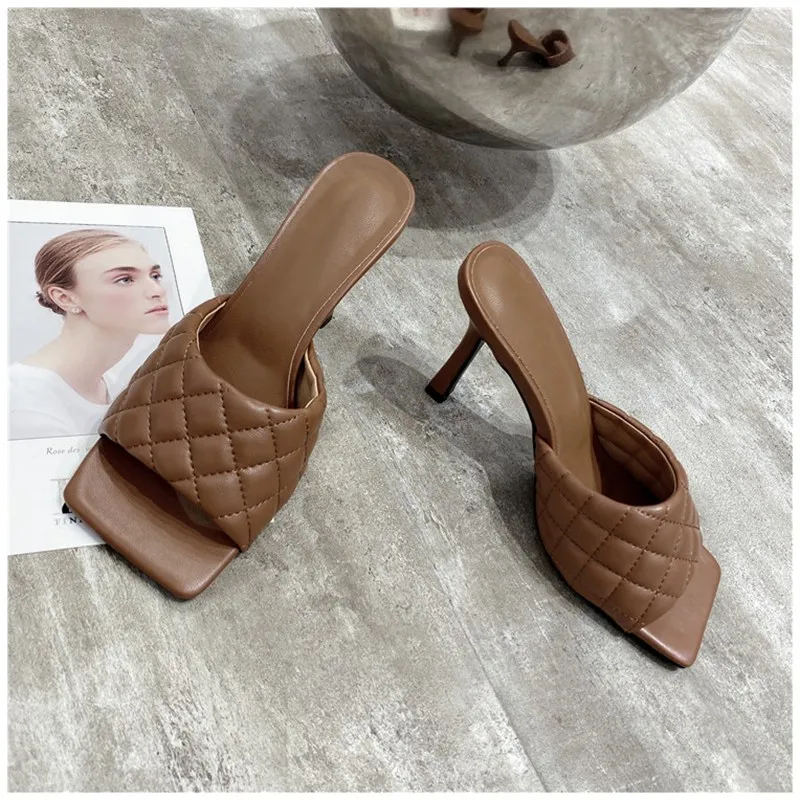 

2020 Brand Design Women slippers Elegant Square Toe Thin High Heels 9CM Slippers Summer Outdoor Beach Slides Shoes