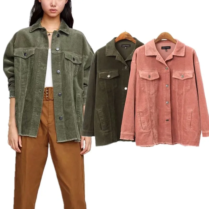

Autumn New Style Europe And America WOMEN'S Dress-Style Solid Color Corduroy Jacket Loose Fold-down Collar Single Breasted Coat