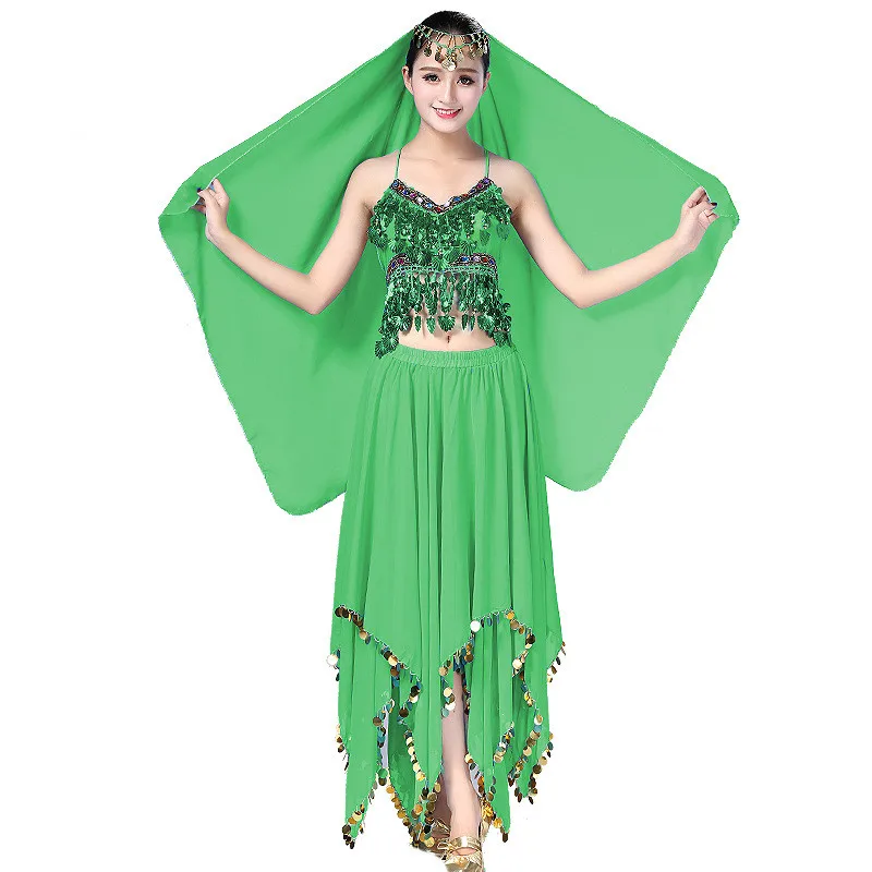 В стиле «Индийский Болливуд», Одежда для танцев, комплект Египет Для женщин танец живота индийские костюмы для танца живота, Выступления 3 шт./компл.(Топ и юбка из вуали