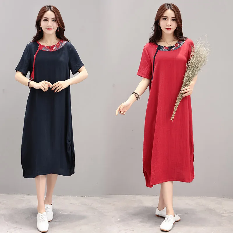 

2019 New Style Cotton Linen Retro National Wind Loose And Plus-sized Neckline Embroidery Mid-length Short-sleeve Dress