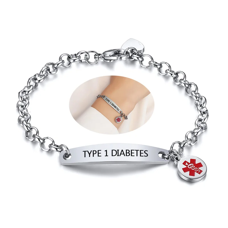Id-Bracelet Bangles Heart-Tag Custom Medical-Alert Jewelry Engraved Rolo-Chain Identification