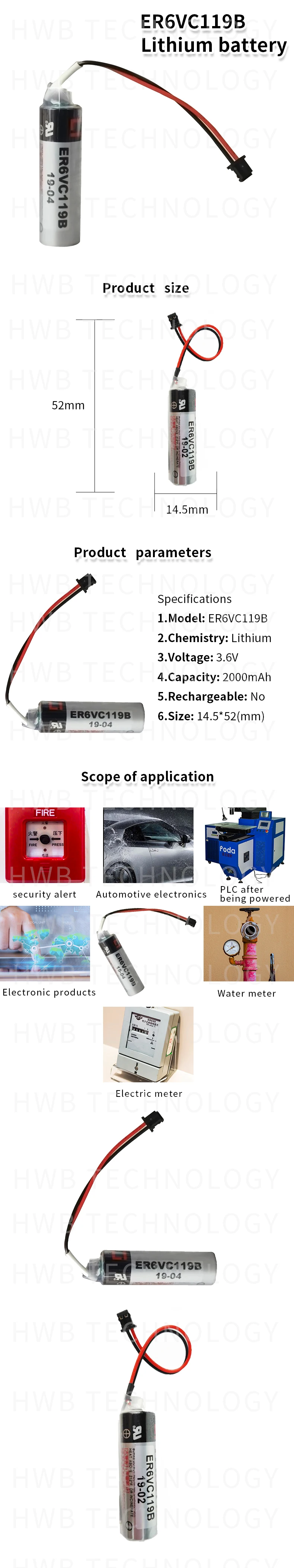 10 шт./лот Новая батарея ER6VC119B ER6V ER14500 PLC/3,6 V 2000mAh литиевая батарея с черным разъем