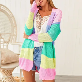 

coat new Autumn Sweater Women Cardigan Rainbow Striped Cotton Long Sleeve Patchwork Knitted Open Front Cardigan Women Coat