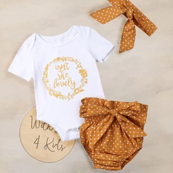 

0-18Months ISNT SHE LOVELY printed Short Sleeve Bodysuits+Dot Bottoms+Headband 3pcs Clothing Set for New borin infant baby girls