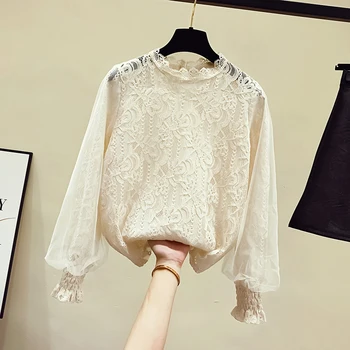 

Fairy Shirt for Women 2019 New Spring Autumn Hollow Out Lantern Sleeve Lace Chiffon Blouses All-match O Neck Pullovers Basic Top
