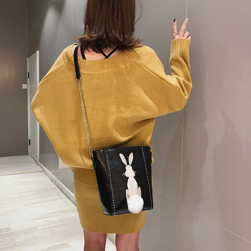 

Shoulder Bag Large Capacity Bucket Bag Women's 2019 New Style Fashion Korean-style Rabbit Shoulder Bag Wide-Strap Rivet Cartoon