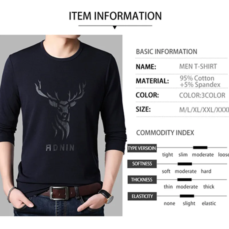Fashion Spring Men T Shirt Long Sleeve Fashion Printing Elk Leisure Fit Round Neck T shirt 3