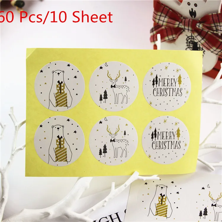 60 Pcs 60 шт 10 листов круглые рождественские Золотой Медведь Олень упаковочные уплотнительные этикетки из крафтовой бумаги наклейки для выпечки Подарочные наклейки «сделай сам» - Цвет: 60 Pcs