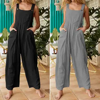 

VONDA Summer Women Wide Leg Pants 2020 Elegant Rompers Jumpsuits Casual Loose Cotton Overalls Solid Pants Plus Size Playsuits