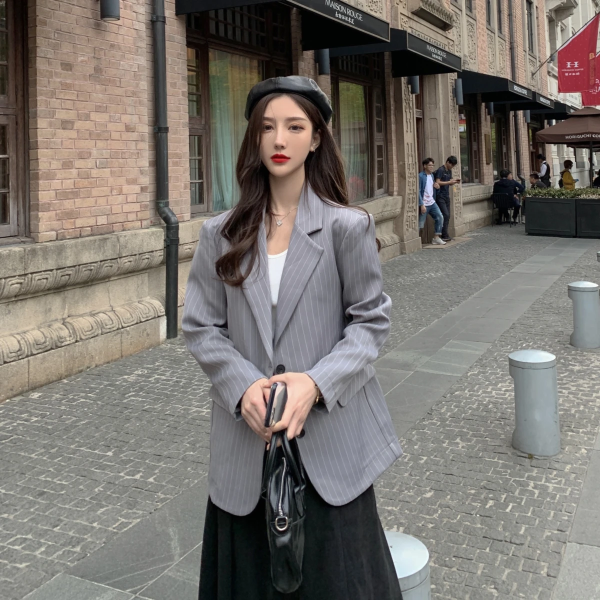 

Stripe Korean Ladies Blazer Solid Gray Stylish Casual Loose Suit Jacket Long Sleeve Simple Retro Autumn Women Blazer New MM60NXZ