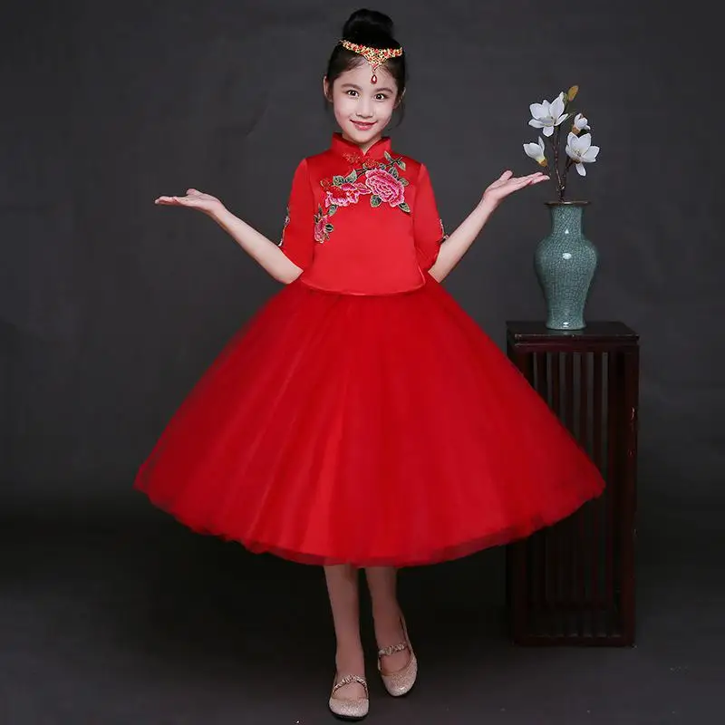 Изысканная вышивка для девочек; Qipao; роскошные стразы; красное вечернее платье; китайский стиль; короткий рукав; воротник «Мандарин»; платье для выпускного вечера - Цвет: Red4