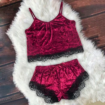 

New Women Sexy Sleeveless Solid Color Lingerie Camisole Shorts V-Neck Tops Velvet Pajamas Sleepwear 3.2