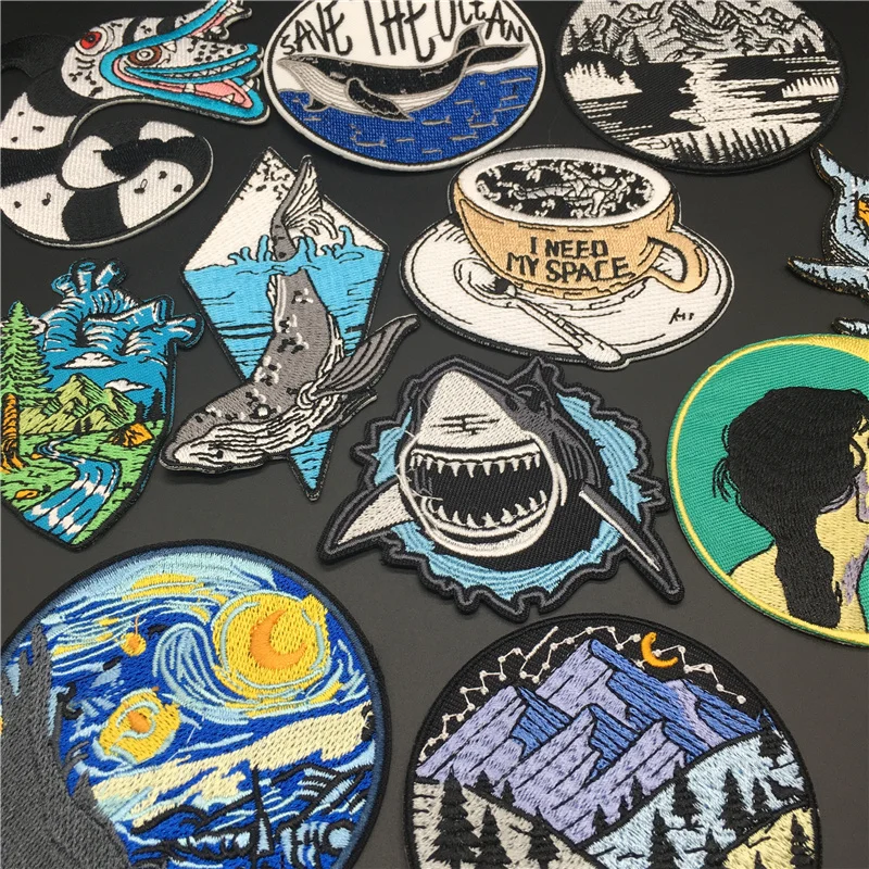 Embroidered patches with Van Gogh, mountains, whales, sharks, space cups & ocean designs for jackets and bags