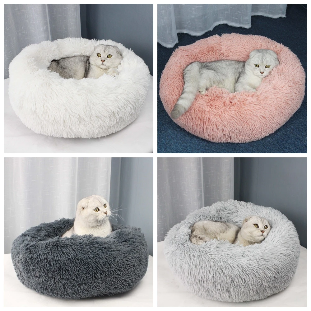 Fleece Cat Beds Round Pet Bed For Cats Dog Plush Bed House For Cat Kitten Marshmallow Cat Bed Mat Cushion Kennel Pet Supplies