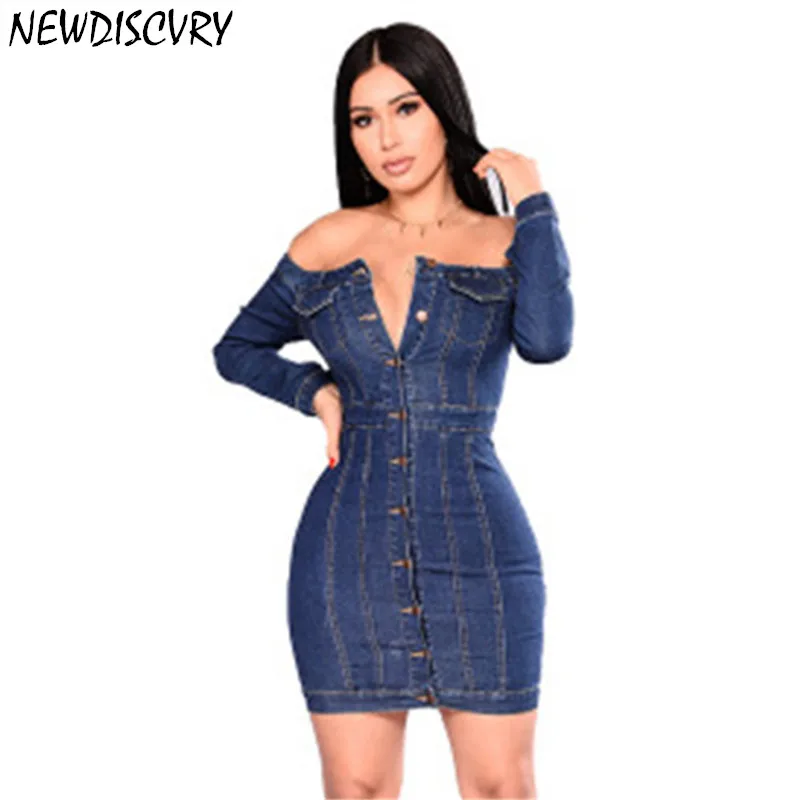 

NEWDISCVRY 2019 Europe And America Hot Sale Explosions Amazon Word Shoulder Tight Body Hip Wash Sexy Denim Dress
