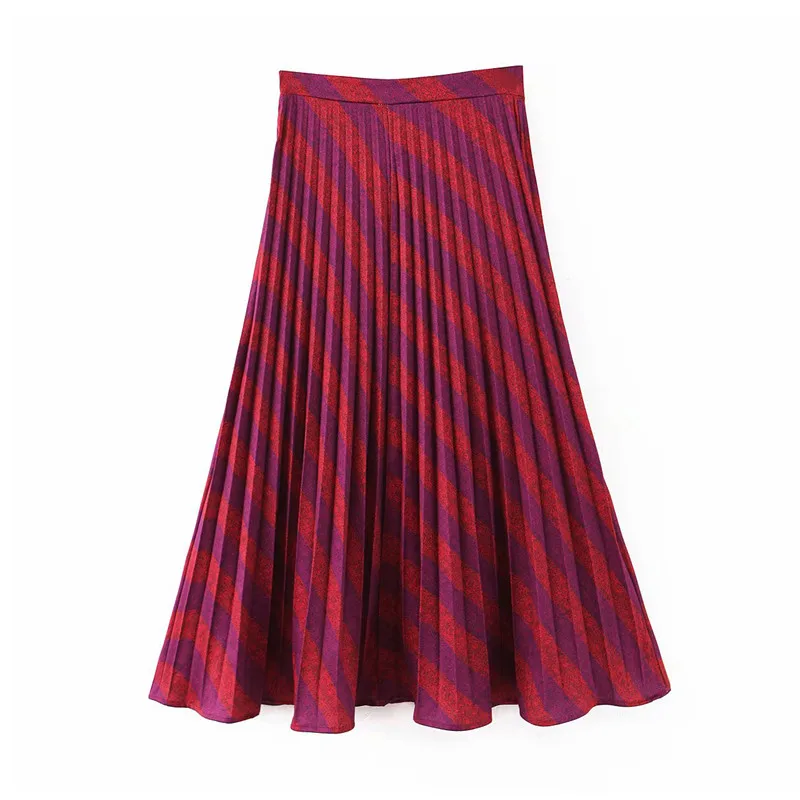 Винтажная полосатая плиссированная юбка с боковой молнией в европейском стиле, юбка миди для женщин,, повседневные красные юбки до середины икры