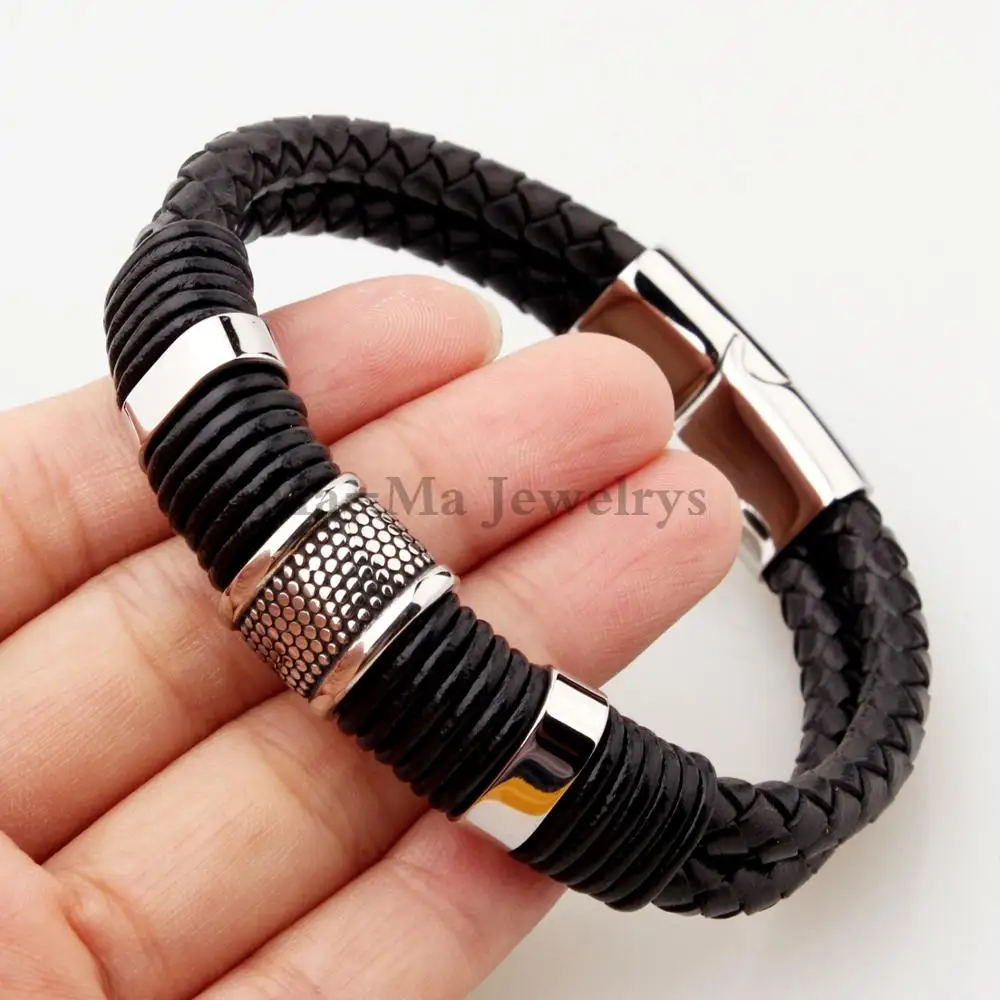 Очаровательный плетеный браслет из нержавеющей стали Мужской Браслет из натуральной кожи