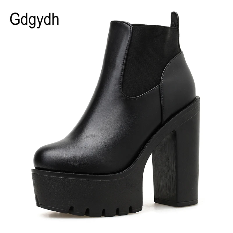 Женские кожаные ботинки Gdgydh черные однотонные на высоком каблуке и платформе