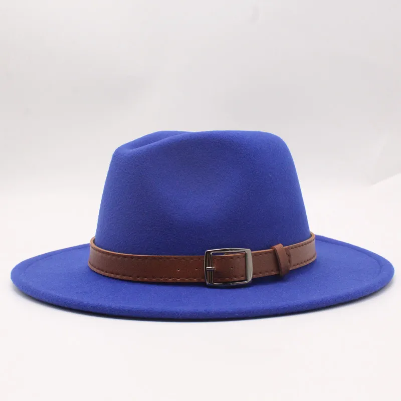 Новинка Зима Осень шерсть для женщин мужчин ремень дамы Fedoras Топ джаз шляпа Европейский Американский круглые шапки котелок шапки - Цвет: blue
