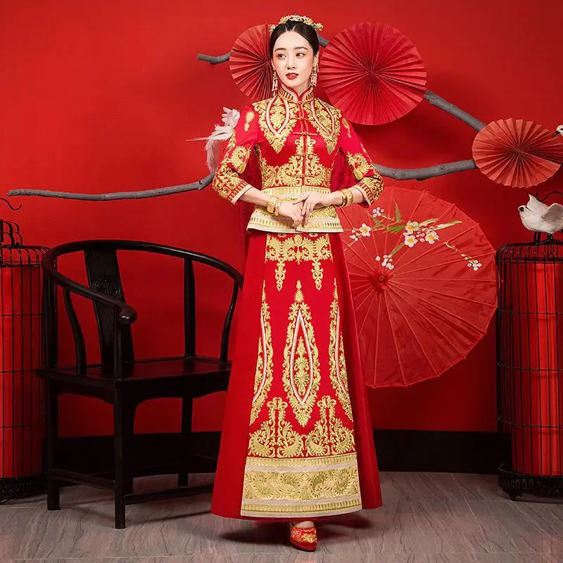 Горный хрусталь ручной работы Женская Вышивка цветок изысканный Cheongsam свадебный подарок древняя невеста свадебное платье китайское Qipao - Цвет: Красный