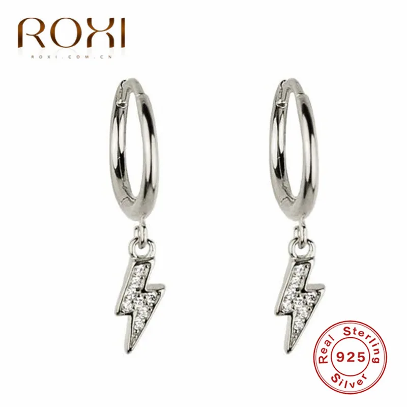 ROXI, висячие серьги в стиле панк с кристаллами, 925 пробы, серебро, мини циркониевая подвеска с молнией, маленькие серьги-гвоздики для женщин, ювелирное изделие