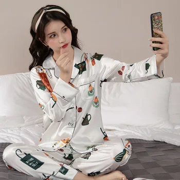 

Women Pajama Sets Silk Satin Pijama Turn-down Collar Sleepwear Lady Long Sleeve Spring Nightwear Femme 2 Pieces Sets Homewear