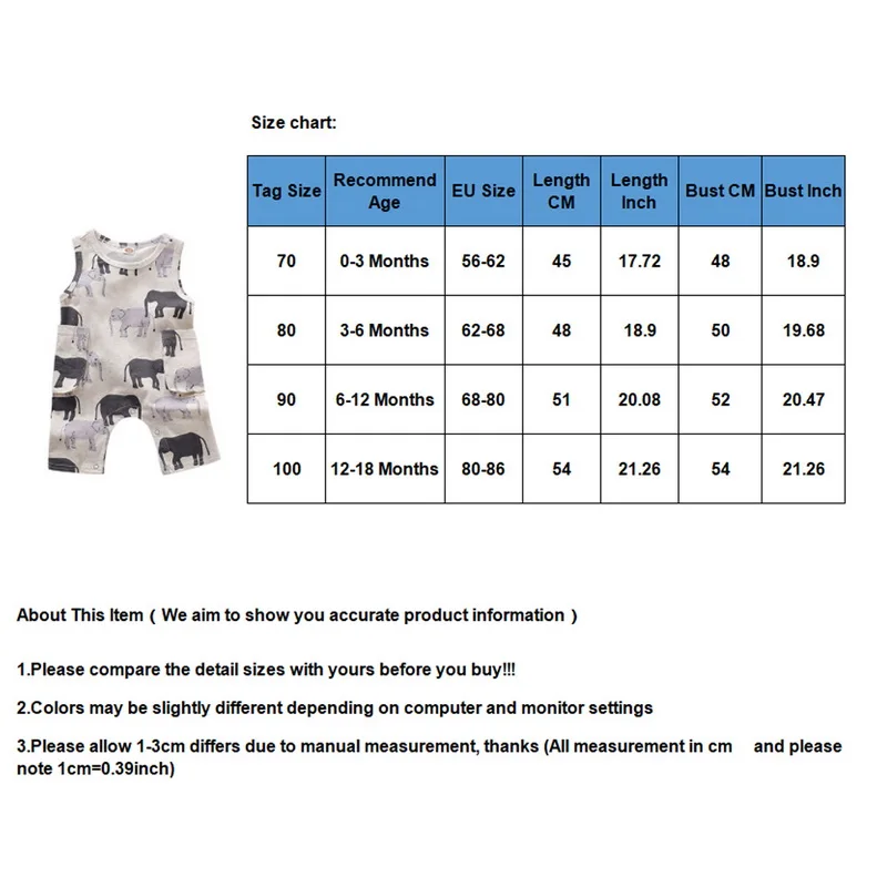 Newborn Baby Boys Girls Elephant Print Romper Summer Infant Jumpsuit Clothes Outfits Toddler O-Neck Pullover Romper Outfit D35