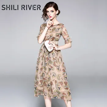 

New summer chiffon midi dress for women a line short sleeve slim casual elegant O neck floral print flower pleated full dress