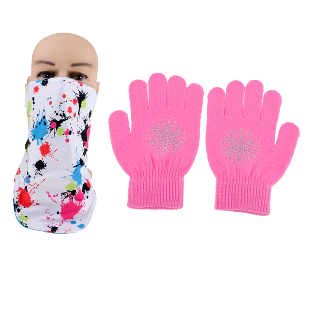 Kids Thermal Face Mask Cover Scarf Neck Warmer Gaiter Wrap and Knit Gloves Stretch Winter Glove for Boy Girl (Age age 6-13 )