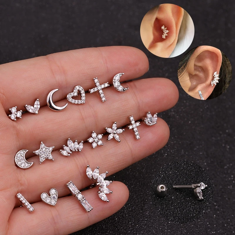 

QCOOLJLY CZ Cartilage Stud Gold Silver Color Moon Star Heart Cross Flower Crown Helix Piercing Tragus Stud Conch Earring Jewelry