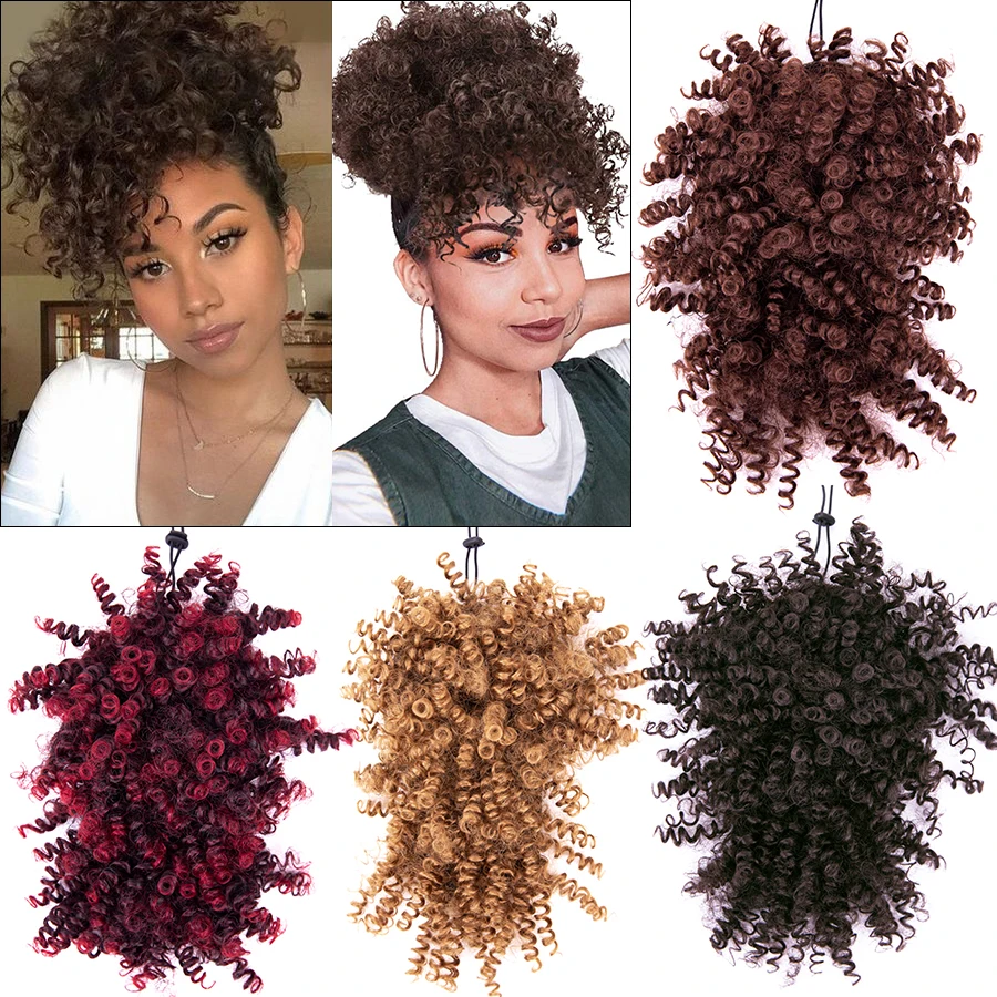 Synthetic Drawstring Kinky Curly High Puff Ponytail With Bangs Synthetic Curly Bangs Drawstring Ponytail With Balck Brown