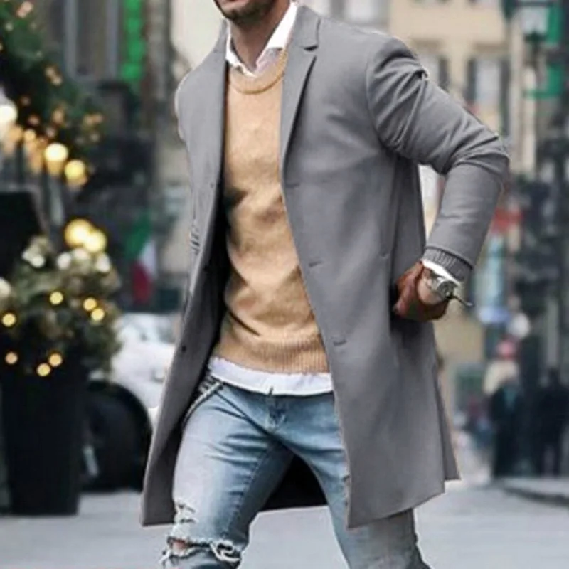 Осенне-зимняя мужская брендовая флисовая куртка, Мужское пальто, повседневное тонкое пальто с воротником, длинный однотонный Хлопковый тренч, уличная одежда